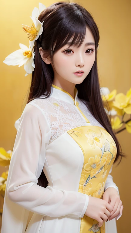 a close up of a woman in a white dress posing for a picture, a picture by Leng Mei, trending on cg society, beautiful south korean woman, ao dai, beautiful asian girl, a beautiful woman in white, korean woman, korean girl, in white clothes, beautiful young korean woman, beautiful asian woman, smooth white tight clothes suit, realism, high detail, masterpiece, accurate, textured skin, super detail, high details, award winning, best quality, 4K, ((yellow flower blossom background))