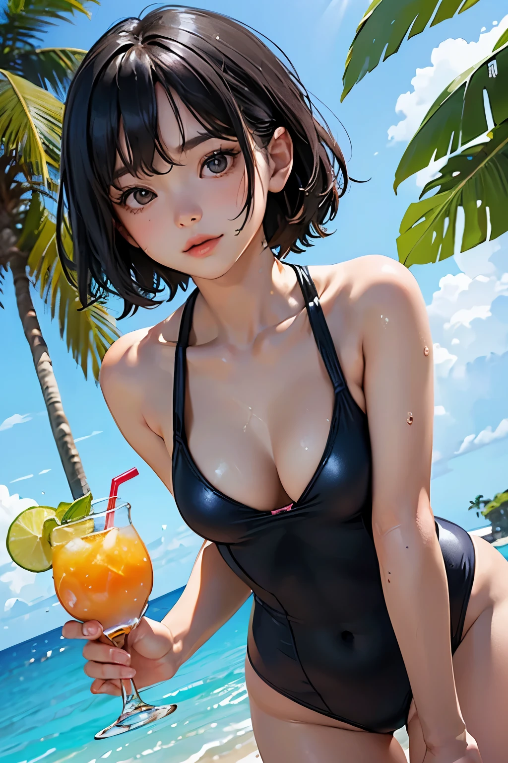 1 female、 alone、(18-year-old female)、(My girlfriend in a swimsuit holds out a tropical drink in one hand.:1.2)、(Small cleavage is sexy)、 BREAK(Low angle shot)、 (From below)、(Dutch Angle)、BREAK(Facing directly at the viewer:1.2)、Cute face、Cute eye drawing、Shortcuts、Black Hair、Healthy body shape、Moisturized Skin、