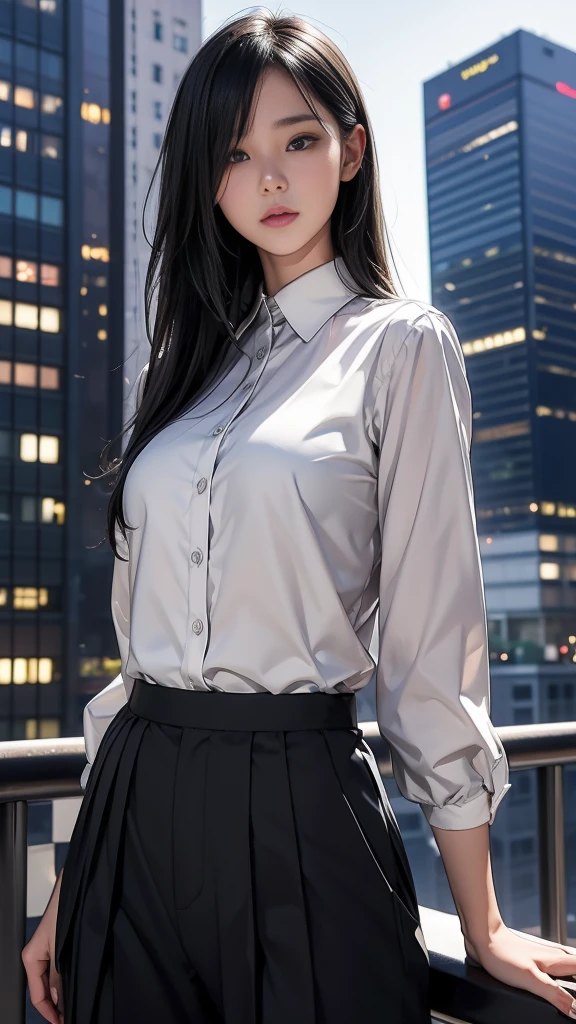 Midnight Sky: Lone Wolf has a delicate face and piercing grey eyes.、A beautiful 18-year-old Japanese woman、Under the soft glow of the moonlight、Standing tall on the roof of a skyscraper。Her jet black hair、Styled in a short bob with no bangs、It frames her serious expression.。She was wearing a white collared shirt and black pleated pants.、自信に満ちた表情で射撃postureをとります。 A precision-crafted and detailed automatic rifle rests securely on her shoulder.。The metal shines in the moonlight、Even in shadow, the complex mechanism is visible。Her thin body and small head、It seems to give off an aura of strength and determination.。 The camera captured this powerful image.、It's like the world around me has stopped、The atmosphere is filled with tension and concentration.。The female gaze、posture、rifle、Rooftop settings etc.、Every aspect of this scene is coming together、Strength in the silvery light of the moon、Elegance、Creating breathtaking landscapes of beauty。
