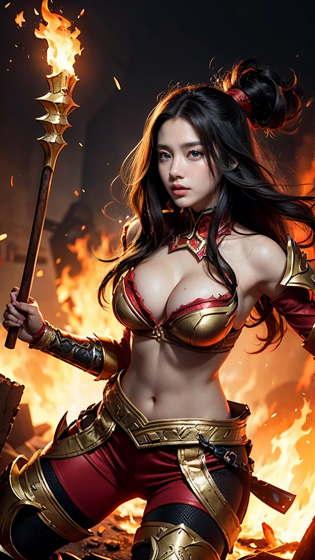 {{master piece}}, pinnacle rendering, realistic rendering, dark red rendering, metal rendering, {{color ink painting}}}, {{splash ink}}}, {{color}}, {{color}}, gorgeous rendering, best quality, illustration, flame, smoke, doomsday world, splash ink fire sea doomsday, full body, 1 girl, facial mix of phoebe cates, large breast, deep cleavage, exquisite facial details, delicate facial features, real face, beautiful details eyes, deep pupils, broken city details, beautiful details long hair, wavy hair, broken detail street, transparent mechanical core, cyborg girl, detail, cool, tight grooming, lace finishing, linear light costume retouching, light rendering, reflection, highlight, holy light, confidence, charm, battle stance detail close-up, fire day, {filigree}, colored background, a dragon stands behind the girl, sea of fire, {tornado special effects}, beautiful details red dragon armor, (cold face, confident) great depth, depth of field, 360° panoramic picture, fierce and magnificent battle scenes, broken mirrors, fingers all hidden and not displayed, small mouth closed