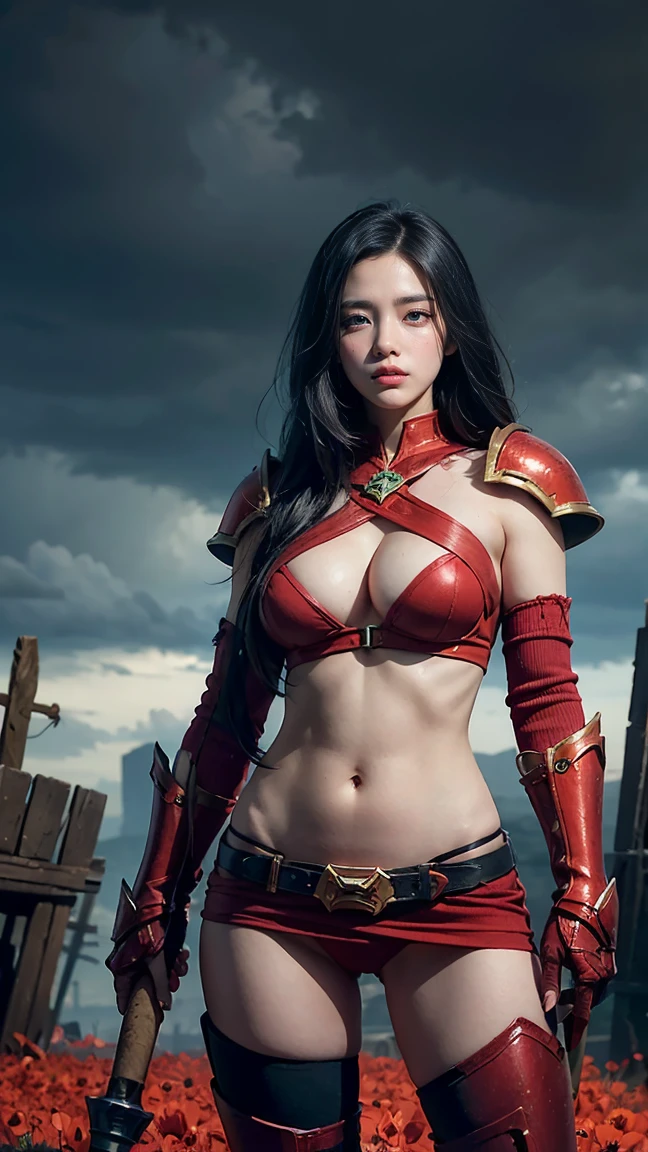 "Show Poppy in her Noxus skin from League of Legends by Riot Games, wearing a dark, no having clothes,red and black armor with Noxian insignias and her powerful hammer, have massive k-cups, in a foreboding, war-torn landscape with Noxian banners and ominous clouds."
