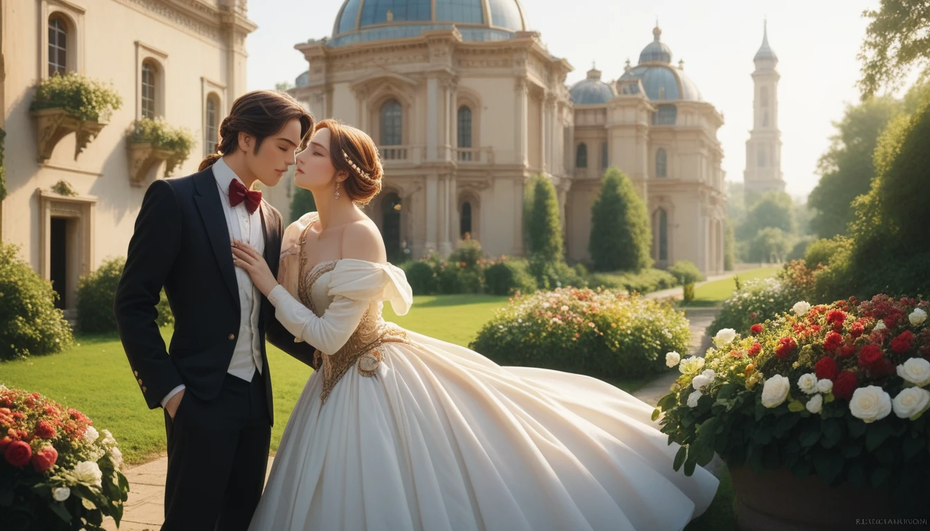 Renaissance Romance: A Renaissance-era setting with lush gardens and ornate architecture. The couple is dressed in elegant, period-specific attire, perhaps with one partner playing a musical instrument while the other listens, lost in the melody. The scene is bathed in soft, golden light.