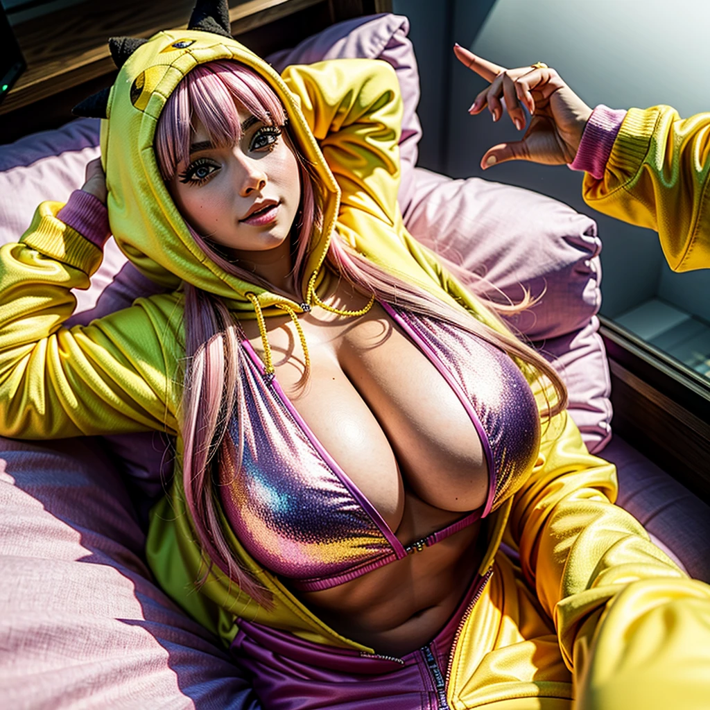 PUNIPUNI KAWAII, a beautiful Pink hair gamer girl, beautiful detailed Blue eyes with (Sparkling Highlights:1.28), beautiful detailed lips,extremely detailed eyes and face,longeyelashes,in a ((Pikachu(Yellow hoodie))) (Moe Sleeves:1.2), (Professional photo:1.37), Huge breasts (Overflowing Gigantic cleavage:1.28) close up down blouse, (perfect lighting) navel, Radiant PearlSkin with Transparency, Dynamic Joyful Expressions LifeLike Rendering, ((Lying Back from Directly Above:1.2)) bedroom