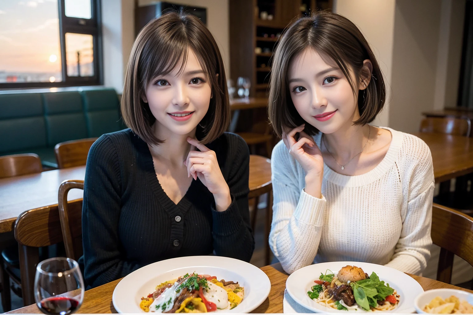 (Realistic:1.1),(masterpiece,Highest quality),8k,(49 years old), 53 years old, ベリーslimボディ、slimカップル、Tight waist,Upper Body,full-course dinner、wine 、Amazing view of the sunset sky and clouds、Perfect Anatomy, Brown Hair, short hair,Random Hairstyles,((Highly detailed face and eyes:1.2)),Perfect golden ratio face,Long sleeve shirt、dress,(smile:1.2)、Shortcuts、cute、(Realistic, Intricate details:1.2), A bright smile、short hair,Bright Face、赤wine 、Appetizers、Italian food、wine bottle、Champagne、スパークリングwine、(slimな顔), (The body is slim), (Brown Hair), (Shortcuts), Upper Body, 白wine, slim, wineグラス,