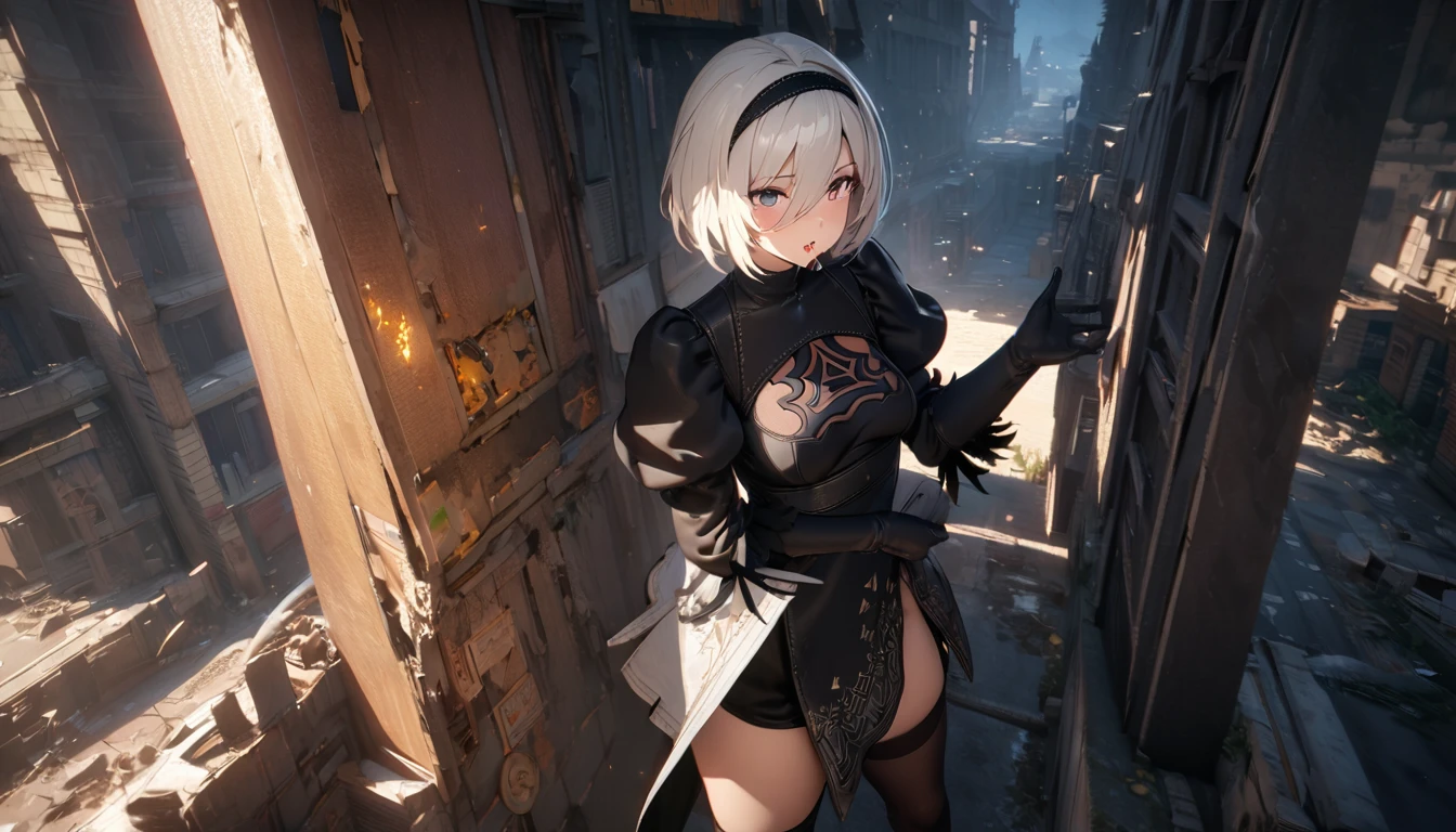 1 woman，masterpiece, 8K quality, 2B from Nier, ((best quality specialist)), ((piece of art)), (очень underробно:1.3), 2B in the ruins of the city of a forgotten war, Ancient technology, Nier Automata, standing, Full body, Photo essay, Face focus, I look at the sky, HDR (high range dynamics), Ray tracing, NVIDIA RTX, super resolution, Unreal 5, underземное расселение, PBR-текстура, Post-processing, Anisotropic filtering, depth of field, Maximum sharpness and sharpness, очень underробный, one girl, check_9, check_8_up, check_7_up,source_anime, Наstandingщий, Наstandingщийistic, родинка слева над underбородком,
2b, long_sleeves, gloves, dress, split,black_gloves, Plump_sleeves, black_thigh high, кmouth, black_dress, cloth_cut, split_cut, black_hair band, Juliet_sleeves, кmouth_under_mouth, повязка на eyes, bracers, coated_eyes, black_повязка на eyes, The destruction of the city, , cowboy shot, brilliant, brilliant hair, (night:1.2),Dreamy, [[gentle fingers and hands:0.55]::0.85],(detailed fingers),),(emotional),(breathtaking),(main part:1.2) whole body.), (Anime Style), (Super Detailed), (brutal), (uhd, HDR), (8k), (High Resolution: 1.2), (Complex and Beautiful: 1.2)