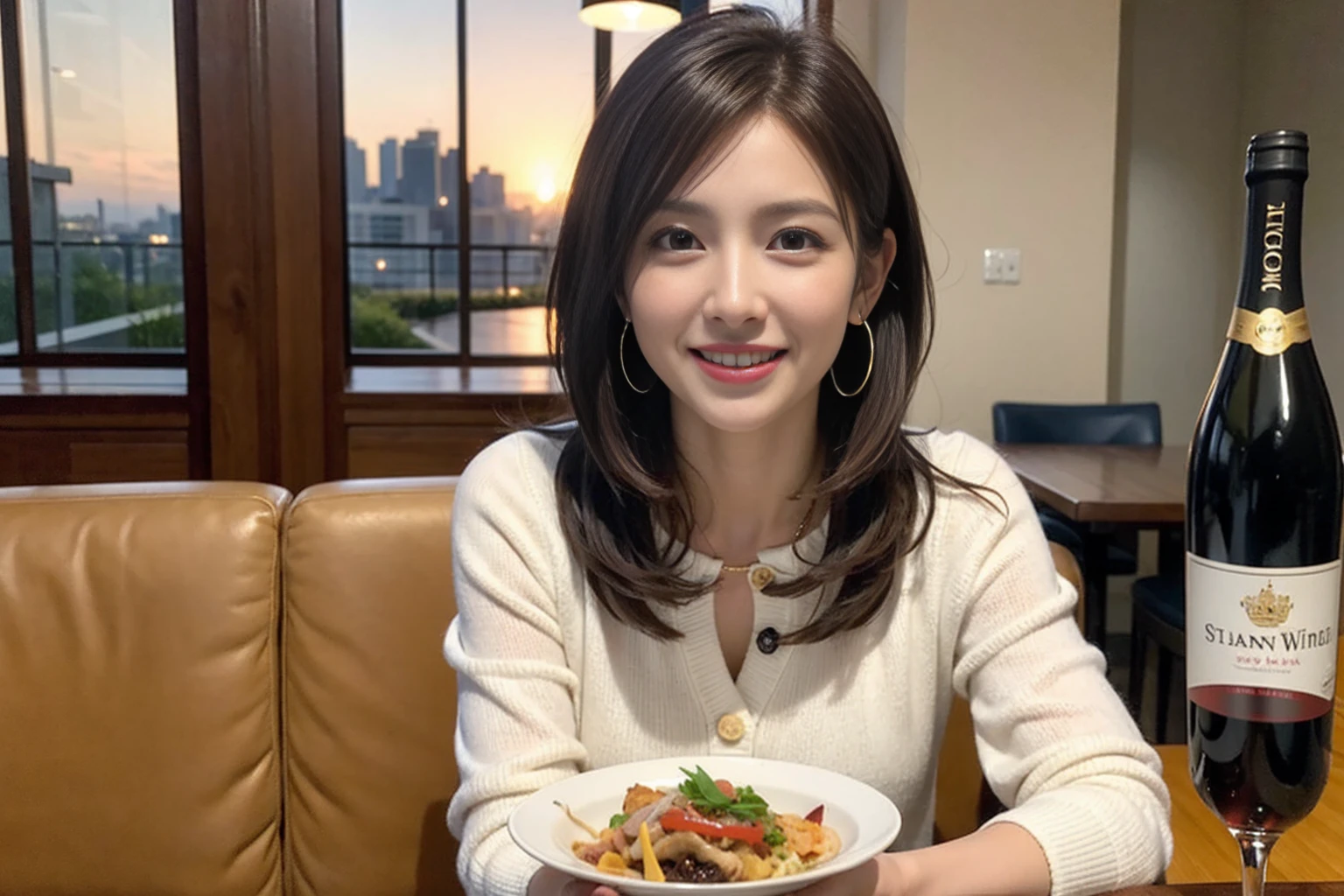 (Realistic:1.1),(masterpiece,Highest quality),8k,(49 years old), 53 years old, ベリーslimボディ、slimカップル、Tight waist,Upper Body,full-course dinner、wine 、Amazing view of the sunset sky and clouds、Perfect Anatomy, Brown Hair, short hair,Random Hairstyles,((Highly detailed face and eyes:1.2)),Perfect golden ratio face,Long sleeve shirt、dress,(smile:1.2)、Shortcuts、cute、(Realistic, Intricate details:1.2), A bright smile、short hair,Bright Face、赤wine 、Appetizers、Italian food、wine bottle、Champagne、スパークリングwine、(slimな顔), (The body is slim), (Brown Hair), (Shortcuts), Upper Body, 白wine, slim, wineグラス,
