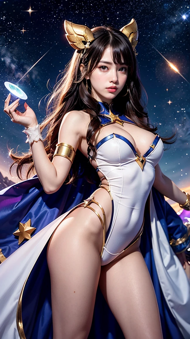 "Depict Poppy in her Star Guardian skin from League of Legends by Riot Games, no having clothes,wearing a magical girl outfit with bright colors and star motifs, have massive k-cups, in a cosmic, starry landscape with twinkling stars and glowing constellations."