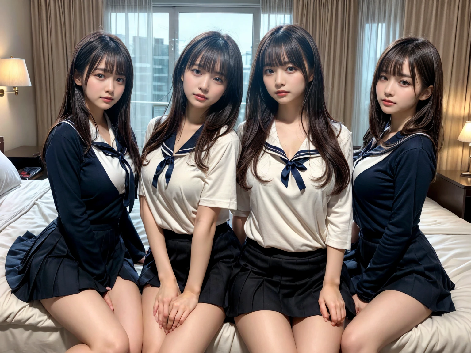 masterpiece, best quality, illustration, Super detailed, fine details, High resolution, 8K,wall paper, perfect dynamic composition,(Details High quality, realistic depiction of eyes:1.3), (3 girls), Black Sailor Uniform, serafuku, Navy pleated skirt, sitting, open legs, short bob hair, in a hotel room in the background, deep on field, large breasts, black hair color, Big Natural Color Lip, (perfect body shape), crying a little、Harajuku style、20 year old girl、cute type、beautiful legs, Gravure Idol