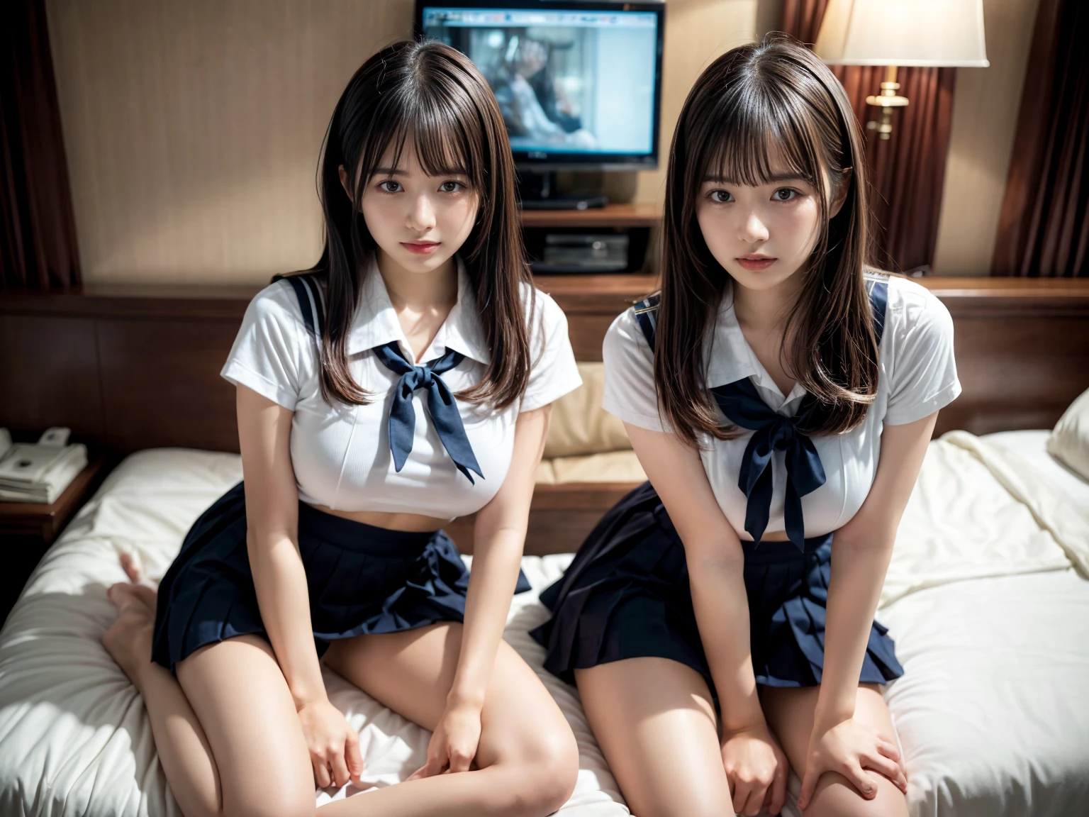 masterpiece, best quality, illustration, Super detailed, fine details, High resolution, 8K,wall paper, perfect dynamic composition,(Details High quality, realistic depiction of eyes:1.3), (3 girls), Black Sailor Uniform, serafuku, Navy pleated skirt, sitting, open legs, short bob hair, in a hotel room in the background, deep on field, large breasts, black hair color, Big Natural Color Lip, (perfect body shape), crying a little、Harajuku style、20 year old girl、cute type、beautiful legs, Gravure Idol