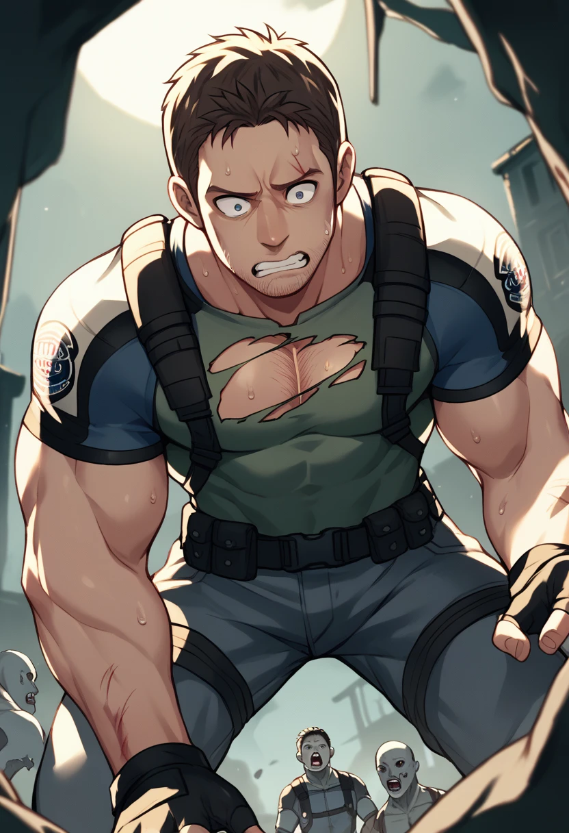 score_9, score_8_up, score_7_up, score_6_up, score_5_up, score_4_up, source_anime, BREAK (chris redfield:1.3) very_manly_face with beefy body and Powerful Biceps with wearing torn suit, many Bite marks on body, in the mansion, attacked by Zombies, Zombie biteing, sweat, scared, open eyes, muscular zombie, surrounded by multiple zombie, zombie_hand hanging body, Zombie holding on detailed eyes,
