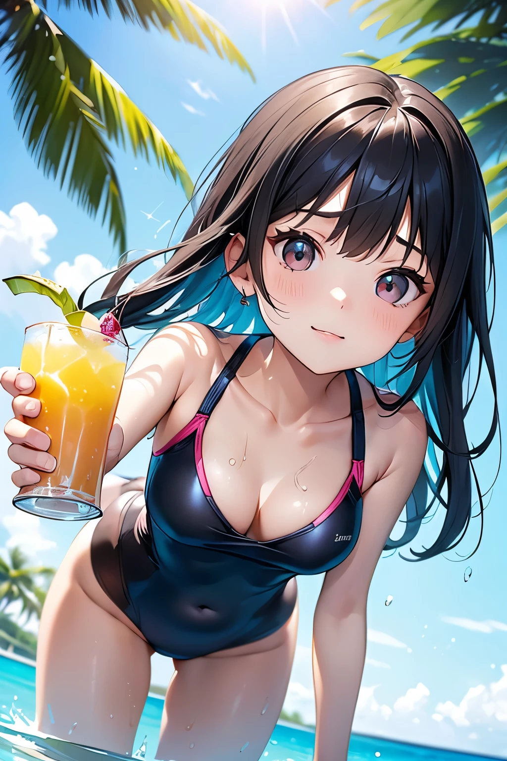 1 female、 alone、(18-year-old female)、(My girlfriend in a swimsuit holds out a tropical drink in one hand.:1.2)、(Small cleavage is sexy)、 BREAK(Low angle shot)、 (From below)、(Dutch Angle)、BREAK(Facing directly at the viewer:1.2)、Cute face、Cute eye drawing、Shortcuts、Black Hair、Healthy body shape、Moisturized Skin、