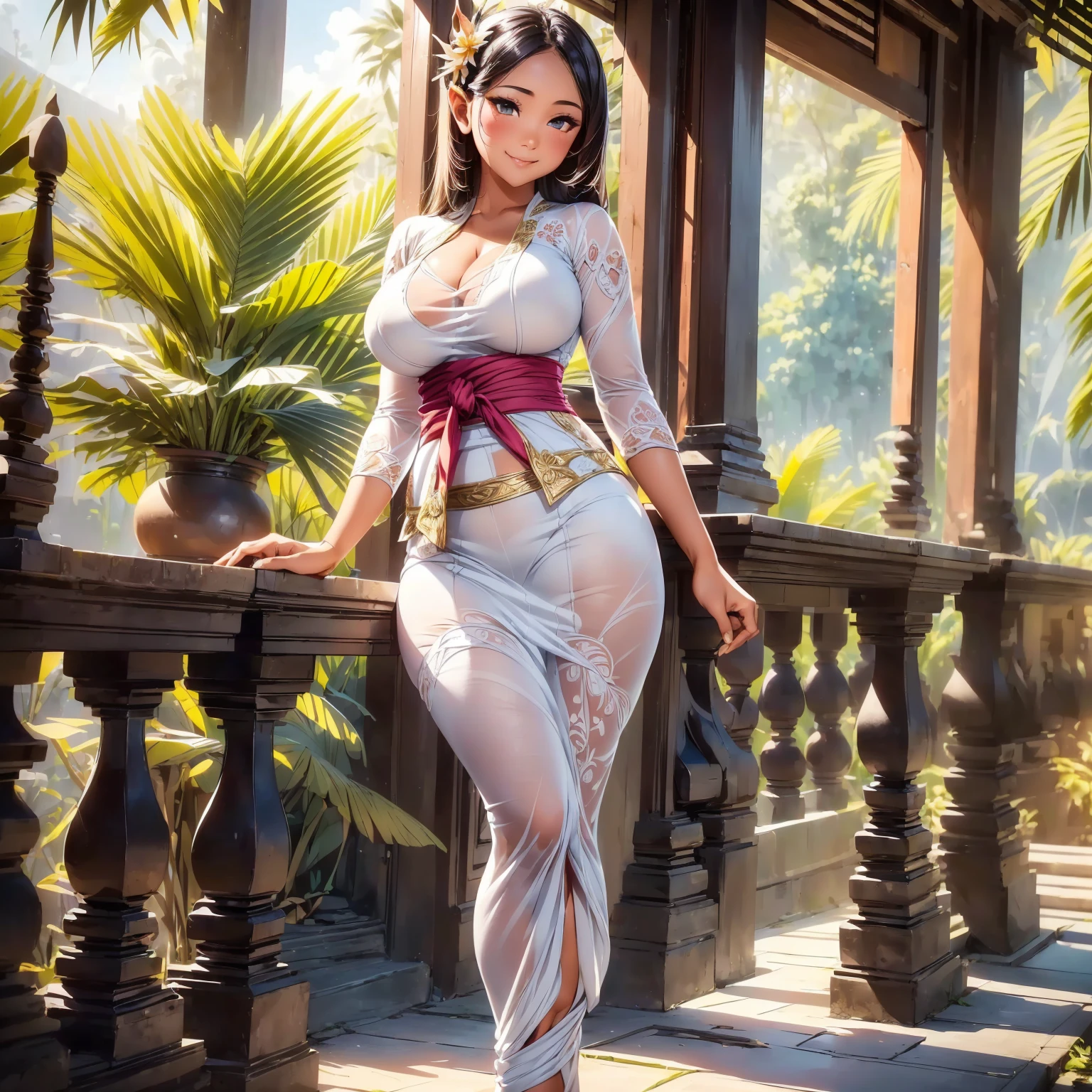 a balinese girl, sexy body, ((big breasts)), big hips, thick thighs, beautiful face, beautiful eyes, smiling, blushing, standing, ((white kebaya bali, kebaya outfit, balinese kebaya, balinese kamen, balinese)), perfect hands, perfect fingers, high quality picture, high resolution, very detailed, 8k resolution, anime style