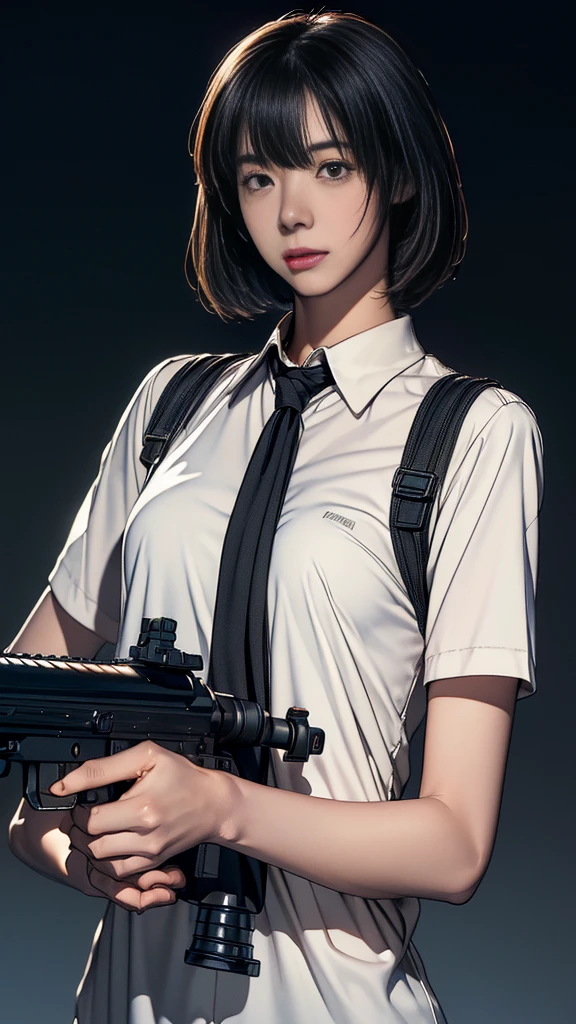 (((Woman firing an automatic rifle,excluding visual,Detailed depiction of an automatic rifle))),Synchronize your gaze and body direction、(((Perfect Anatomy、Highest quality、Ultra - High resolution、High resolution、Extremely detailed CG、8k))),Cowboy Shot,1 female,alone、18 year old beauty,Japanese,((Beautiful, delicate face and grey eyes)),Black Hair,Short Bob Hair,Blunt bangs,Serious expression,(Medium chest,Slender body,Small Head,skinny),(Glowing Skin油性肌,Glowing Skin),(Female Soldier、White collared shirt、Pleated Black Tanning,Shooting stance,Skyscraper rooftop、At night、moonlight,