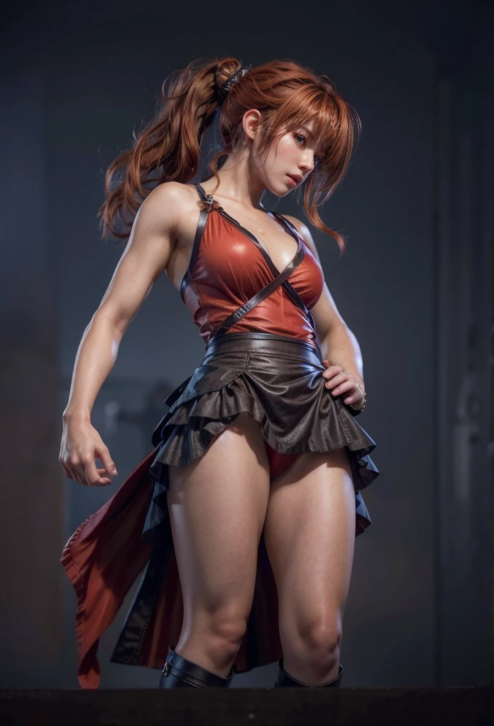 Kasumi, brown eyes, Red Hair, (best quality, ultra detail), (realistic:1.37), beautiful and detailed face, ultra-realistic texture, Delicate face, delicate body, red lipstick, bright colors. high definition, 8K. angry expression and penetrating, expressive gaze.