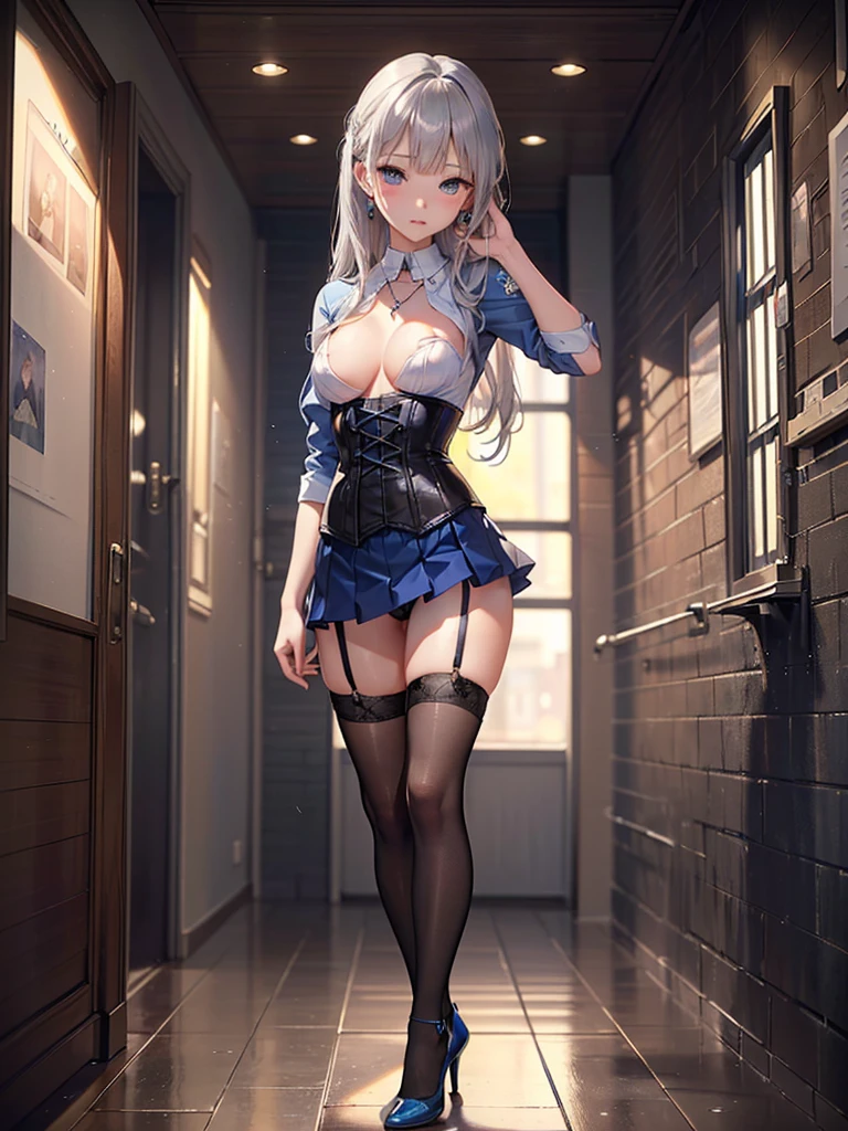((Biologically correct limb count))、(( From head to toe、Full-body photo including face))、4K、((Standing position))、masterpiece、((Focus on the face))、((Symmetrical facial features))、Eyes with detailed description、Beautiful woman、Great style、Beautiful arms、Beautiful legs、Beautiful Hands、(Small Ass、Thin thighs)、Facial detailing、Small earrings、necklace、(Blue latex uniform、skirt、corset、((High heels、Black garter stockings)))、Face close-up、Embarrassed face、Silver Hair、((Alluring))、Panty shot、Overflowing breasts、ベレー帽