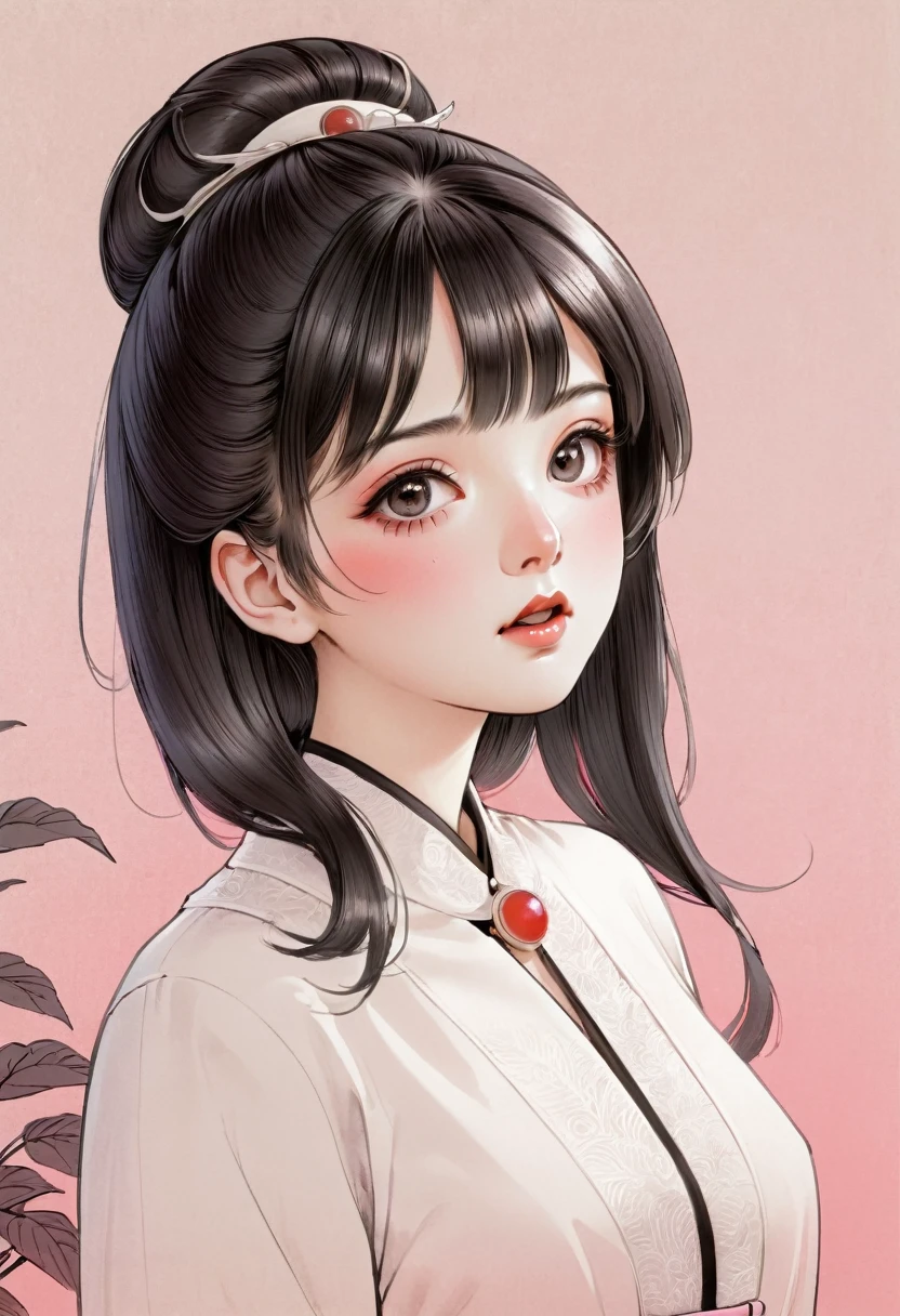 (best quality, sketch:1.2),realistic,illustrator,anime,1 girl, detailed lips,custom, white and pink gradient background, hair,textured cropping, masterpiece, style retro classic, noir style 、An illustration、art、70s horror movie posters, Supervised by Junji Ito、High detail, Realistic Shadows、Analog Style, chromatic aberration, Surrealism、Complementary Gradient