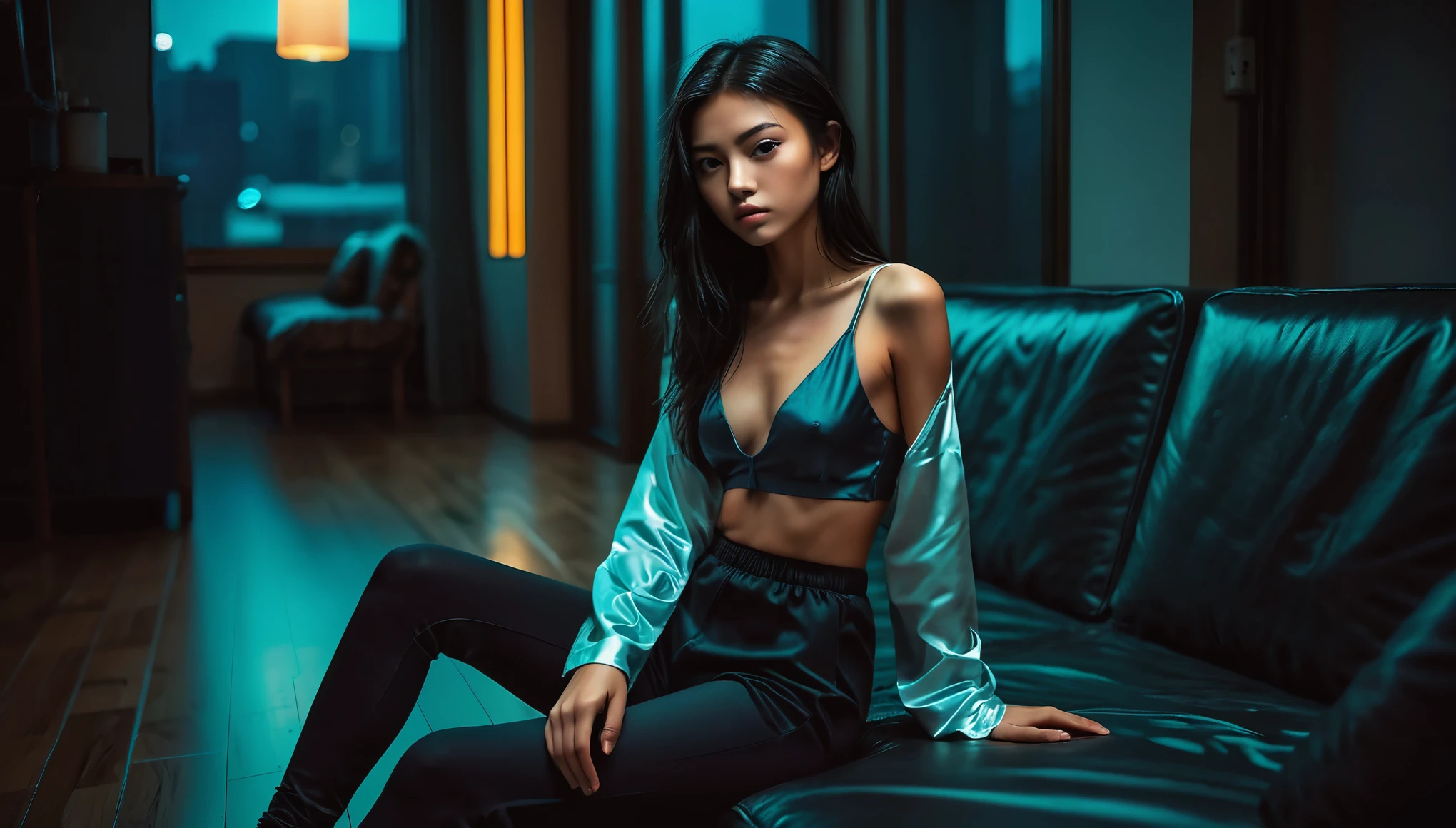Top Quality, Masterpiece, High Resolution, 8k, (cute skinny barely legal girl ((((in oversized loose satin crop top with deep cleavage, deep neckline)))) and tight leggings, small perky breasts, beautiful detailed eyes, beautiful detailed lips, small closed mouth, extremely detailed face, tanned skin, random long hair style, small hips, some tattoos), (((in cyberpunk apartment, next to a couch))), moody atmosphere, dramatic and random neon colors, futuristic setting, intricate details, at night, backlit, full body shot, view from distance, random pose