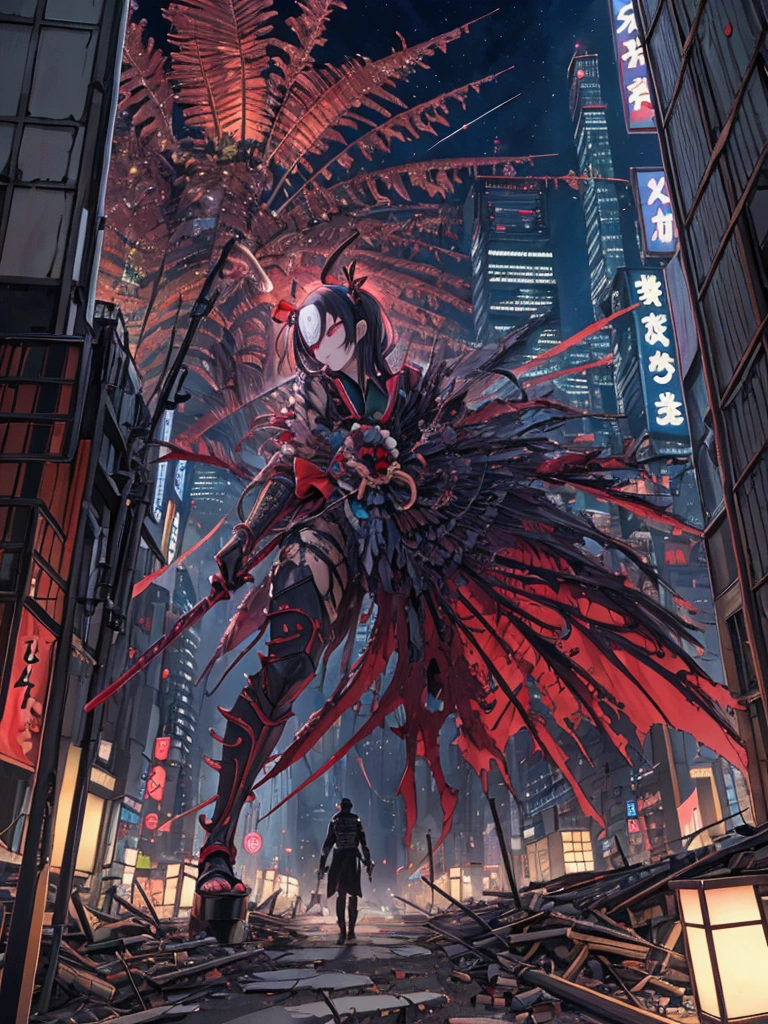 super fine illustration, vibrant colors, absurdres extremely detailed CG, 8k wallpaper, (masterpiece:1.3), dynamic angle, dynamic pose, best quality, depth of field, cinematic lighting, ultra detailed, tokyo, shinjuku, kabuki-cho,  ruin city, Post-apocalypse