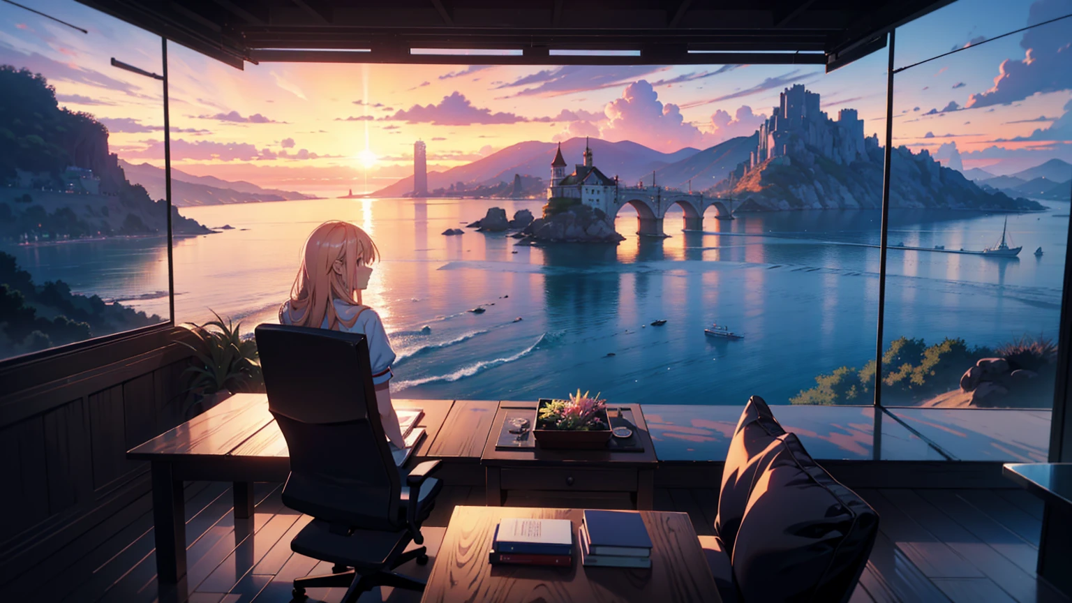 masterpiece、high resolution 8k、NSFW、sharp focus、contrast lighting,There is a laptop on the table with a view of the sea., Digital painting by Sylvain Sarrailh, pixiv contest winner, pixel art, overlooking the ocean, overlooking the beach, anime background art, Ross Tran. beautiful background, background art, beautiful scenery wallpaper, amazing wallpaper, anime background, anime scenery, landscape art, Relaxing concept art