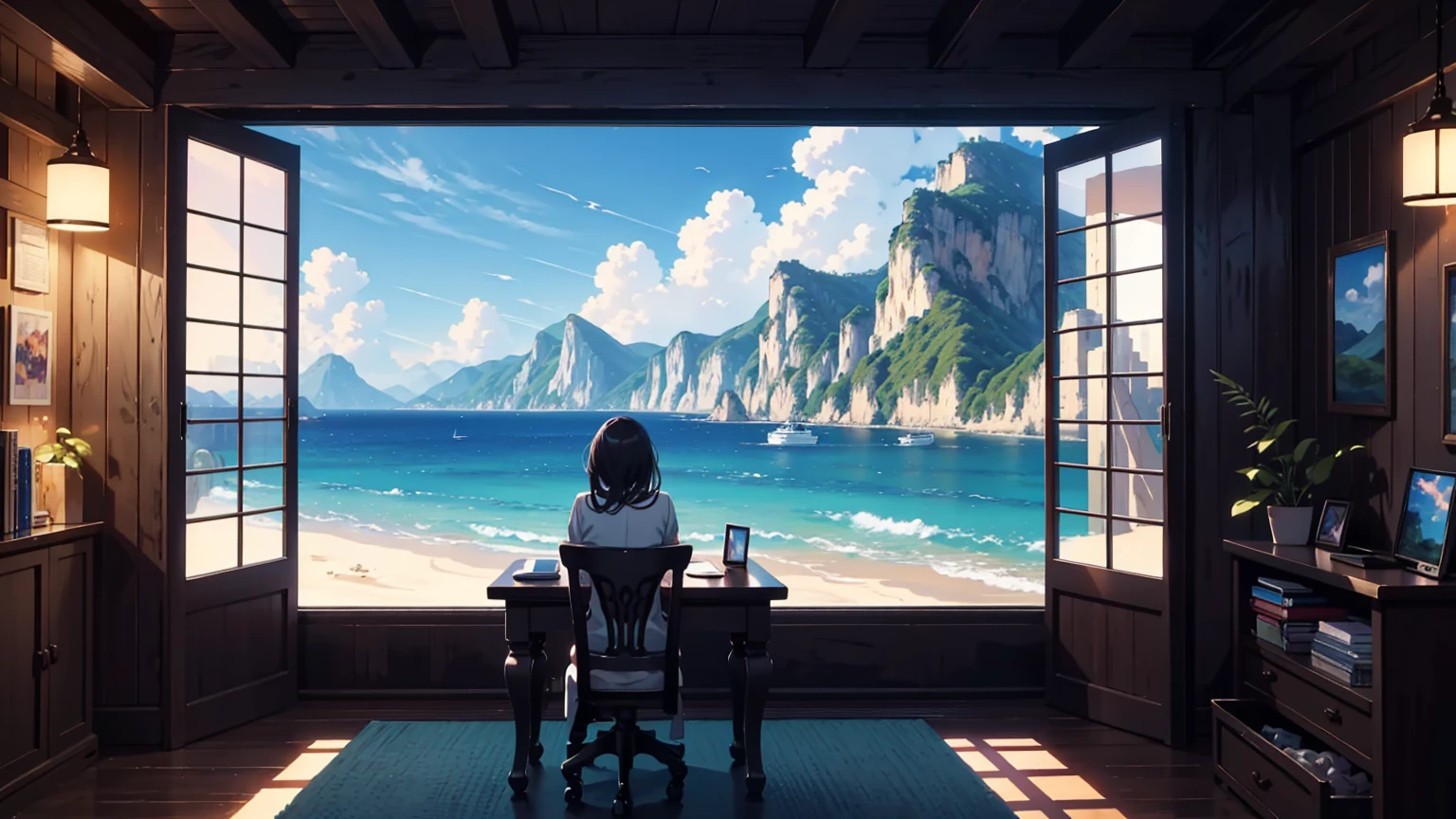 masterpiece、high resolution 8k、NSFW、sharp focus、contrast lighting,There is a laptop on the table with a view of the sea., Digital painting by Sylvain Sarrailh, pixiv contest winner, pixel art, overlooking the ocean, overlooking the beach, anime background art, Ross Tran. beautiful background, background art, beautiful scenery wallpaper, amazing wallpaper, anime background, anime scenery, landscape art, Relaxing concept art