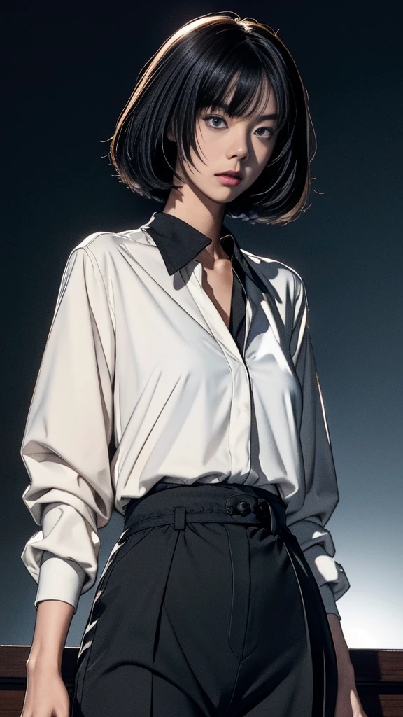 A dramatic Cowboy Shot frames the 18-year-old Japanese beauty, solo and stoic. In the dead of night, under the soft glow of moonlight on a skyscraper rooftop, she stands tall with an automatic rifle at her side. Her black hair is styled in a short bob with blunt bangs framing her beautiful, delicate face and piercing grey eyes. A white collared shirt and pleated black pants accentuate her slender physique, while her serious expression commands attention. The camera zooms in on the intricate details of the weapon, showcasing its sleek design and precision mechanics.