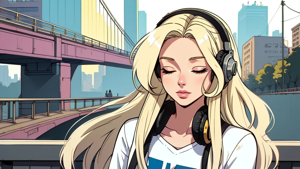 Street fashion girl, headphones, LOFI Retro, stylish, 1980s, bridge, morning, beautiful blonde long hair woman in her 20s, close your eyes, white skin, upper body,