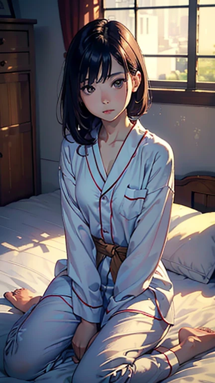 Best quality, Masterpiece, Ultra high resolution, (Photorealistic: 1.4), Raw photo, 1 girl, (Masterpiece, Best quality: 1.2), (1 woman, sleepy, sitting, slim waist, pajamas, light clothing), (Half Japanese, half Russian, double eyelids, white skin), (On bed, selfie, own room), Soft focus, Blur background,