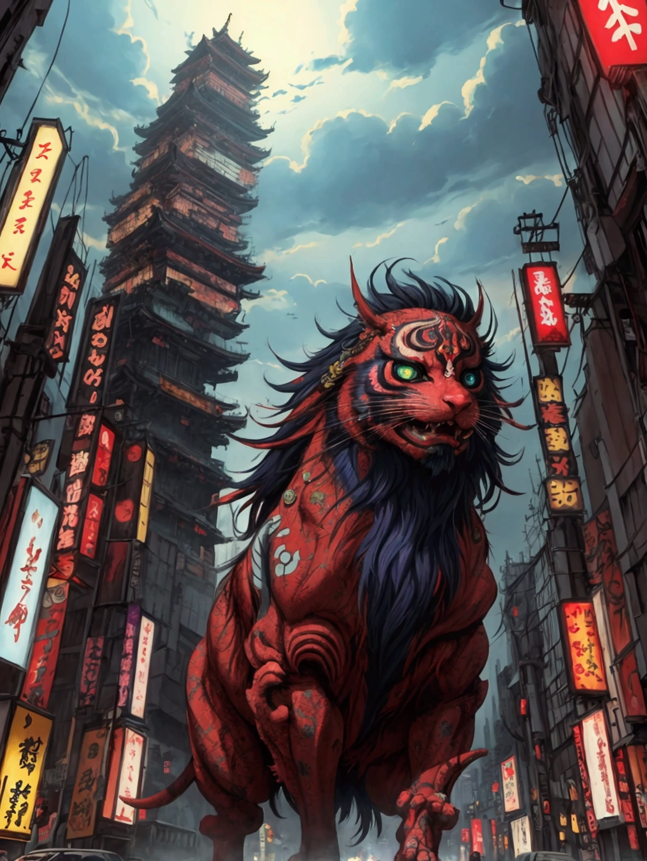 super fine illustration, vibrant colors, absurdres extremely detailed CG, 8k wallpaper, (masterpiece:1.3), dynamic angle, dynamic pose, best quality, depth of field, cinematic lighting, ultra detailed, tokyo, shinjuku, kabuki-cho, ruin city, Post-apocalypse