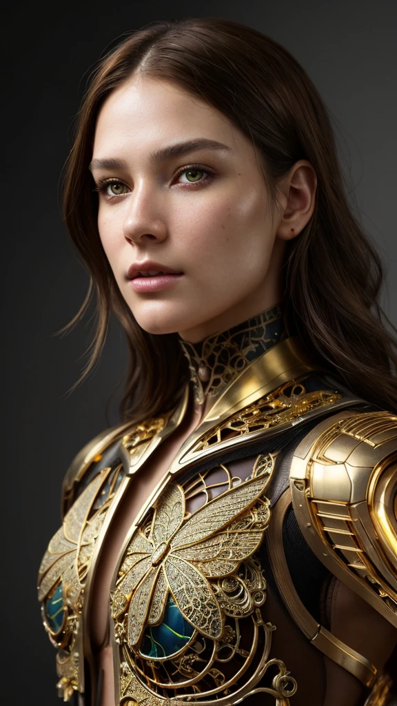 photo, 8k portrait of beautiful cyborg with brown hair, intricate, elegant, highly detailed, majestic, digital photography, art by artgerm and ruan jia and greg rutkowski surreal painting gold butterfly filigree, broken glass, (masterpiece, side lighting, finely detailed beautiful eyes: 1.2), hdr, realistic, high definition