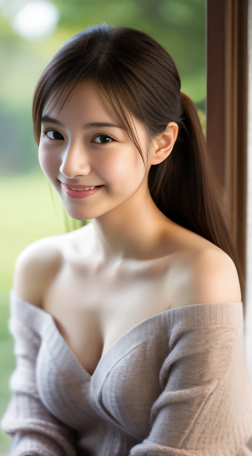 masterpiece,best quality,(Japanese girl),((Beautiful girl)),cleavage,(off shoulder:1.2),(perfect body beauty:1.2),(shy smile),from above