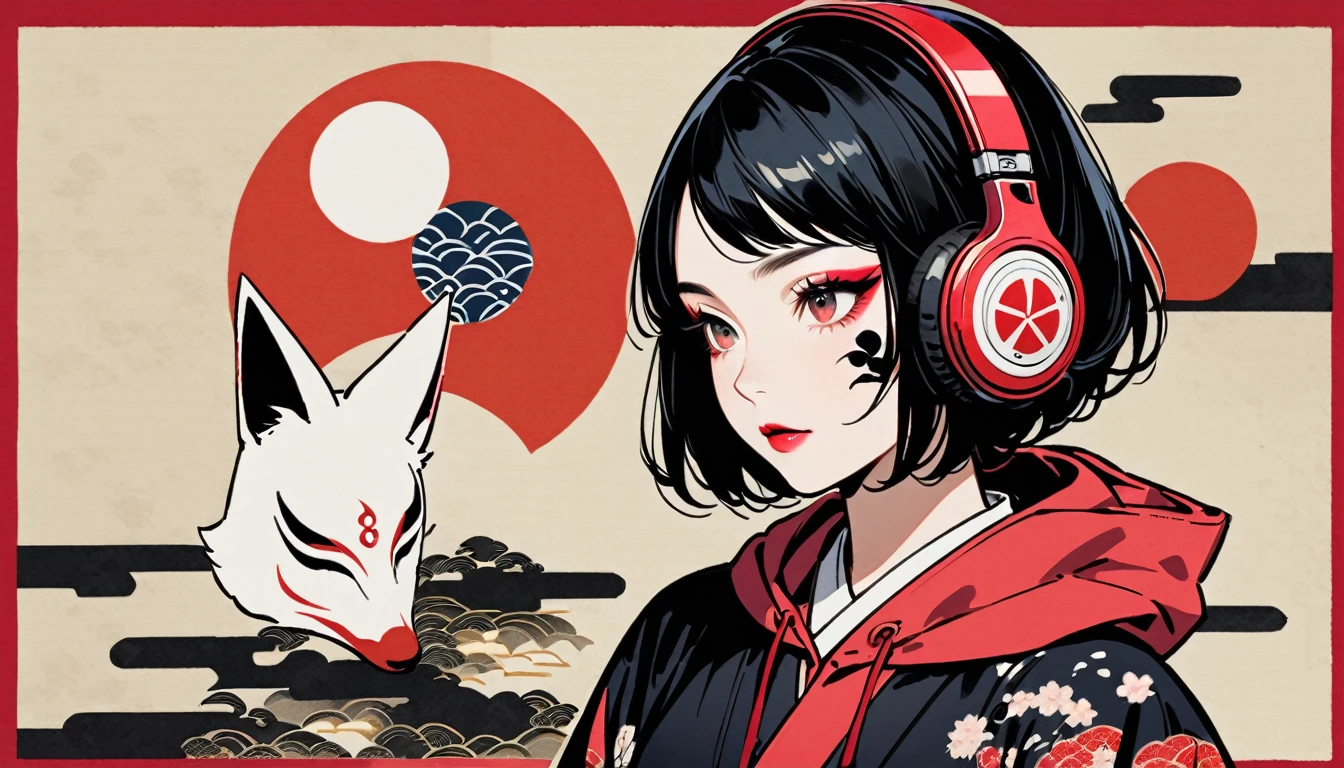 (((Ink Painting))), (((wearing Yaokai mask on face))), (((Kitsune))), (((Flashy makeup))), (((Japanese style headphones))), (((Japanese pattern hoodie))), (((Put on the hood))), Japan人の美少女, Black Hair, Delicate and precise, Modern ukiyo-e style,Japan, Japanese flag, vivid color