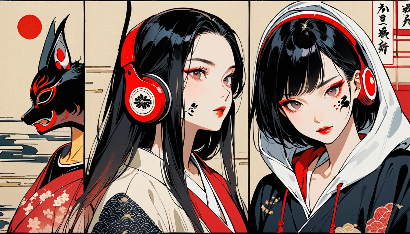 (((Ink Painting))), (((wearing Yaokai mask on face))), (((Kitsune))), (((Flashy makeup))), (((Japanese style headphones))), (((Japanese pattern hoodie))), (((Put on the hood))), Japan人の美少女, Black Hair, Delicate and precise, Modern ukiyo-e style,Japan, Japanese flag, vivid color