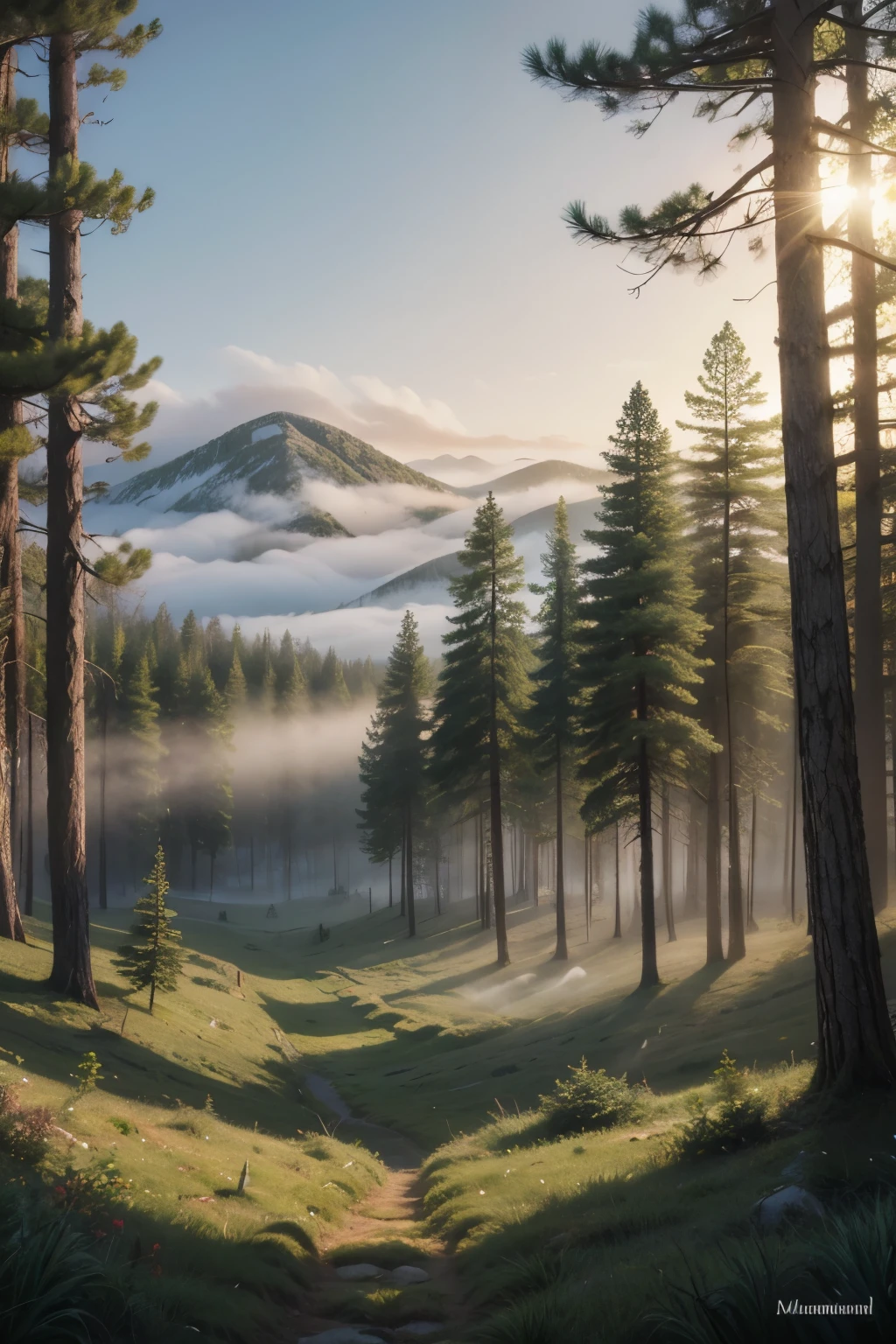 Draw me a hand-painted canvas of a pine forest with fog