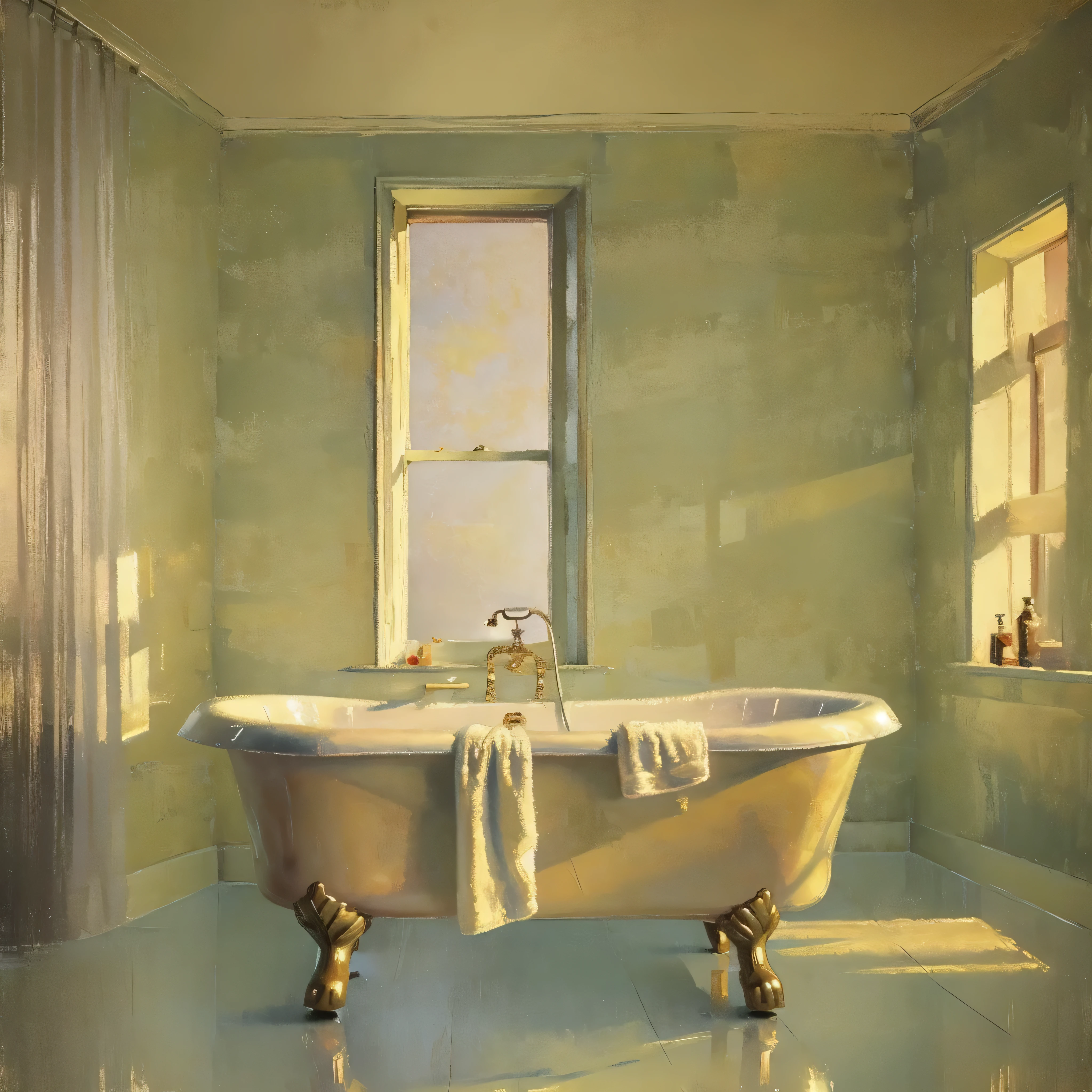 a woman bathing in a vintage style bathroom, highly detailed, clawfoot bathtub, tiled floors, vintage vanity, candles, luxurious bathrobes, window light, reflections, Rembrandt lighting, oil painting, intricate details, Tall long legs, Wearing a shower cap on his head, Beautiful scenery outside the window, photorealistic, cinematic lighting, hyper realistic, 16k