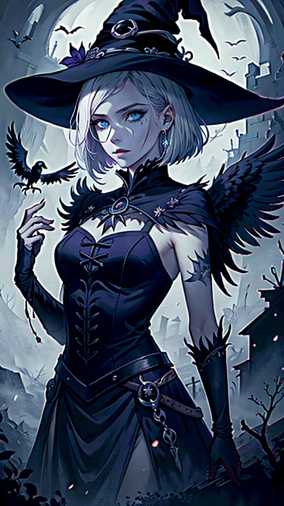 (masterpiece, best quality),    colorful paint style, 1 girl, adult (elven:0.7) woman,  light blue eyes, platinum blonde wedge cut hair,
Style-GravityMagic,  solo, (full body:0.6), looking at viewer, detailed background, detailed face, (WitchcraftPunkAI theme:1.1) calm, otherworldly  bringer of death,  dark clothes,   omen,  decay, floating particles,  cold,  ruin in background, ravens in background, mist,  low light,  sinister dark atmosphere,
