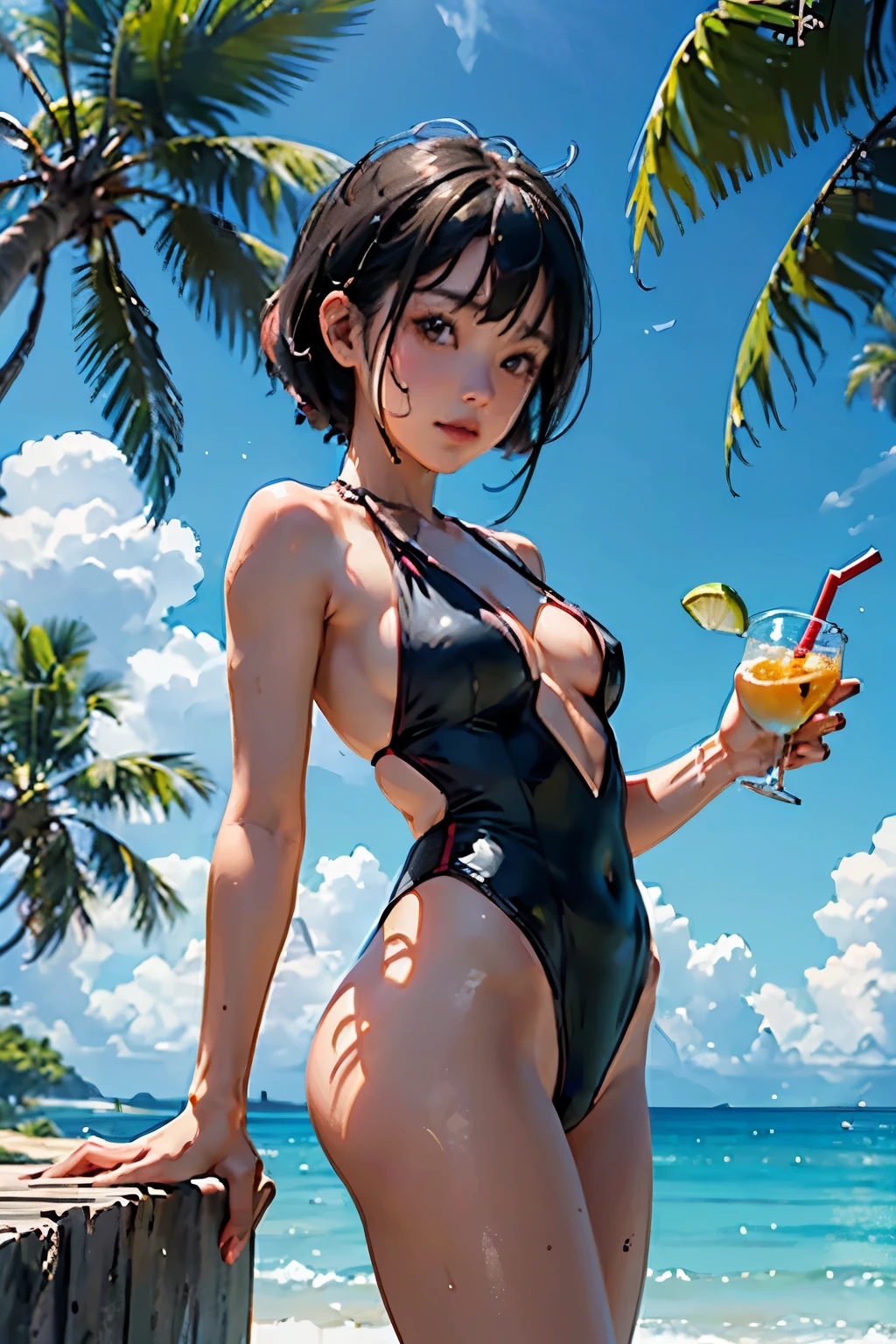 1 female、 alone、(18-year-old female)、(Your girlfriend in a sexy swimsuit holds out a tropical drink in one hand:1.2)、(Small cleavage is sexy)、 BREAK(Low angle shot)、 (From below)、(Dutch Angle)、BREAK(Facing directly at the viewer:1.2)、Cute face、Cute eye drawing、Shortcuts、Black Hair、Healthy body shape、Moisturized Skin、