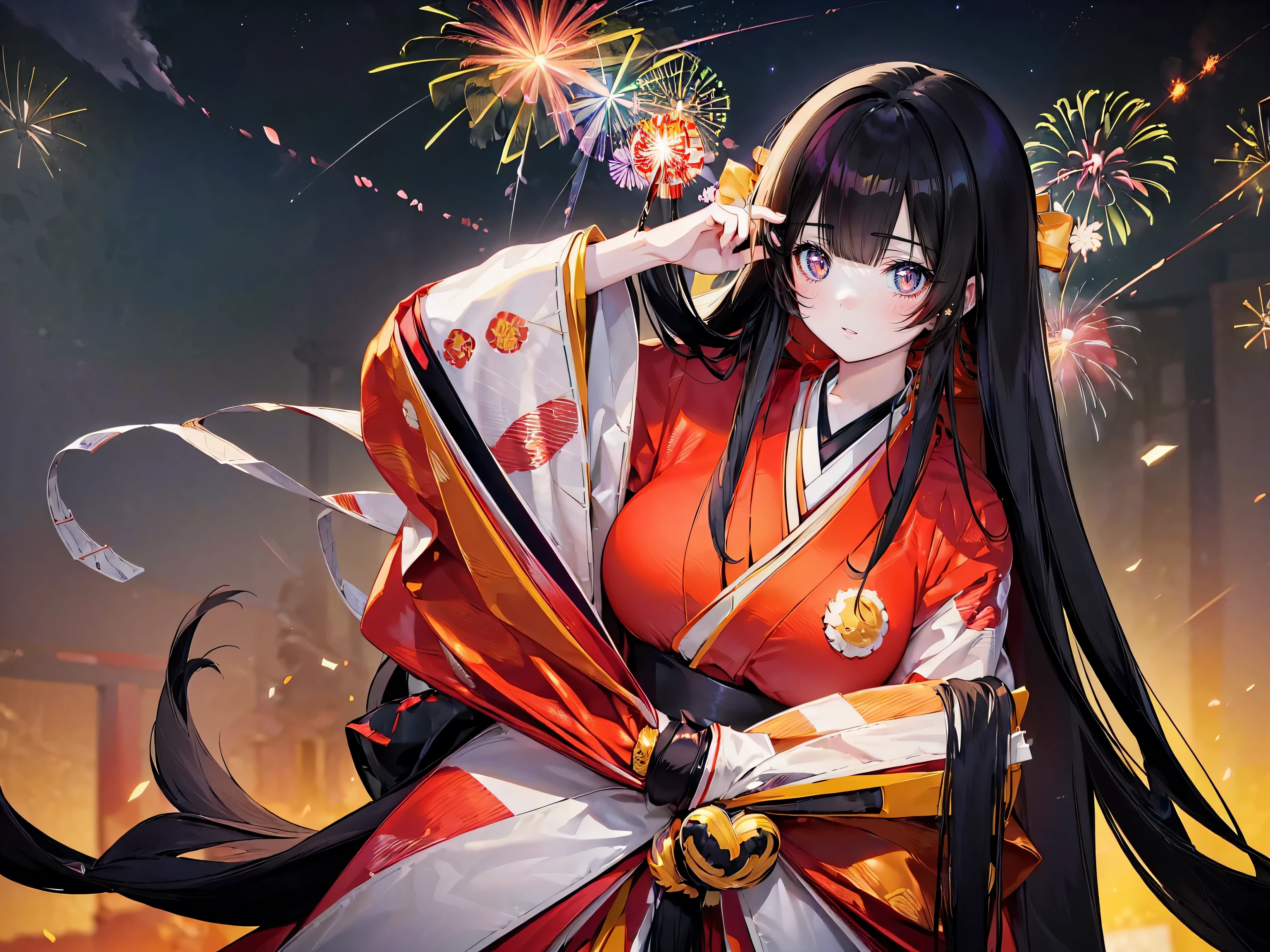 (solo japanese girl:1.3), (Straight long hair, Shiny and glossy black hair:1.3), Karaginu jacket, Long hakama, The cuffs and chest of the five-piece garment, Wearing Imperial Kimono, Imperial Patterns, (huge breasts), (from front), (cowboy shot), (looking up, from below:1.3), ((firework, in night sky:1.3)), ((Superbly detailed drawing, ultra detailed, exquisite quality, absolutely resolution)), (moe animation art style:1.5)