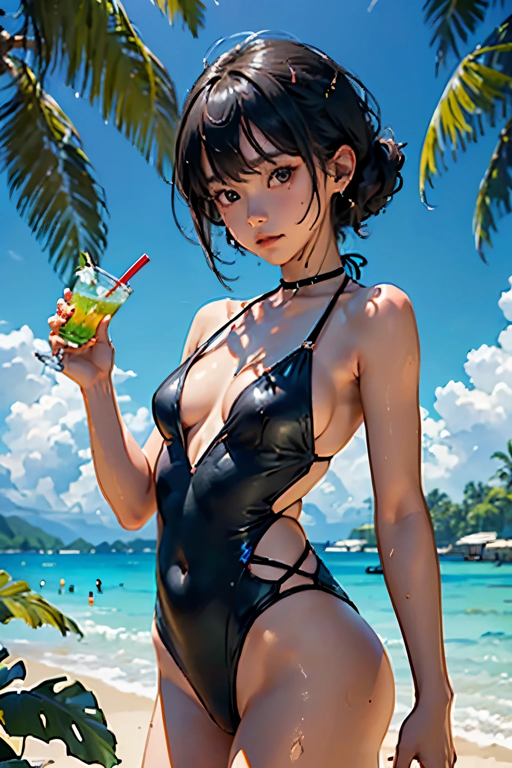 1 female、 alone、(18-year-old female)、(Your girlfriend in a sexy swimsuit holds out a tropical drink in one hand:1.2)、(Small cleavage is sexy)、 BREAK(Low angle shot)、 (From below)、(Dutch Angle)、BREAK(Facing directly at the viewer:1.2)、Cute face、Cute eye drawing、Shortcuts、Black Hair、Healthy body shape、Moisturized Skin、