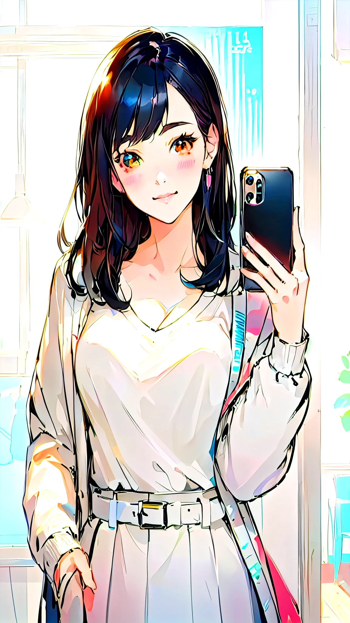 anime girl with long black hair holding up a cell phone, kawaii realistic portrait, attractive anime girl, realistic anime 3 d style, in an anime style, realistic anime art style, in anime style, style anime, anime style. 8k, realistic anime artstyle, realistic artstyle, digital anime illustration, an anime girl, 🤤 girl portrait, semirealistic anime style