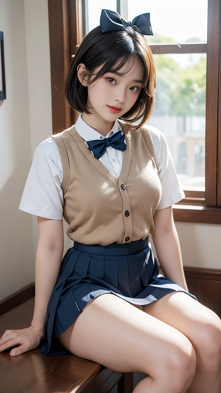 ((Ultra-high resolution photos)), (highest quality:1.2), (Perfect Beautiful Face 1.2), (Perfect and beautiful posture:1.2), (1 Japanese Cute girl:1.5), ((solo:1.5)), (round face:1.2), (Cheerleader:1.2), (cute face), Short woman, ((Big and ample breasts:1.2)), ((Big Ass)), Slim Muscular body, ((Brown Short Bob Hair:1.2)), Sharp eyes, Looking into the camera, ((Small Head:1.5)), joyful laugh, ((White shirt with ribbon tie)), ((Pleated mini skirt)), (sitting on a chair in the classroom), natural light,