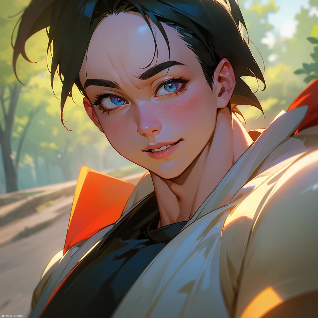 a smiling Son Gohan from Dragon Ball Z Android Saga, beautiful detailed eyes, beautiful detailed lips, extremely detailed eyes and face, longeyelashes, realistic, photorealistic, photo-realistic:1.37, 8k, masterpiece:1.2, ultra-detailed, vivid colors, warm lighting, dynamic pose, outdoor forest background