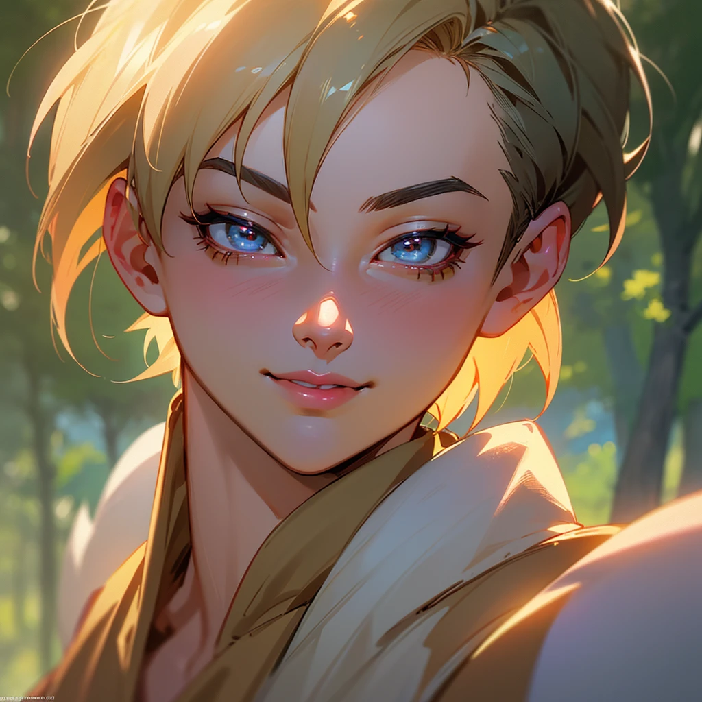 a smiling Son Gohan from Dragon Ball Z Android Saga, beautiful detailed eyes, beautiful detailed lips, extremely detailed eyes and face, longeyelashes, realistic, photorealistic, photo-realistic:1.37, 8k, masterpiece:1.2, ultra-detailed, vivid colors, warm lighting, dynamic pose, outdoor forest background