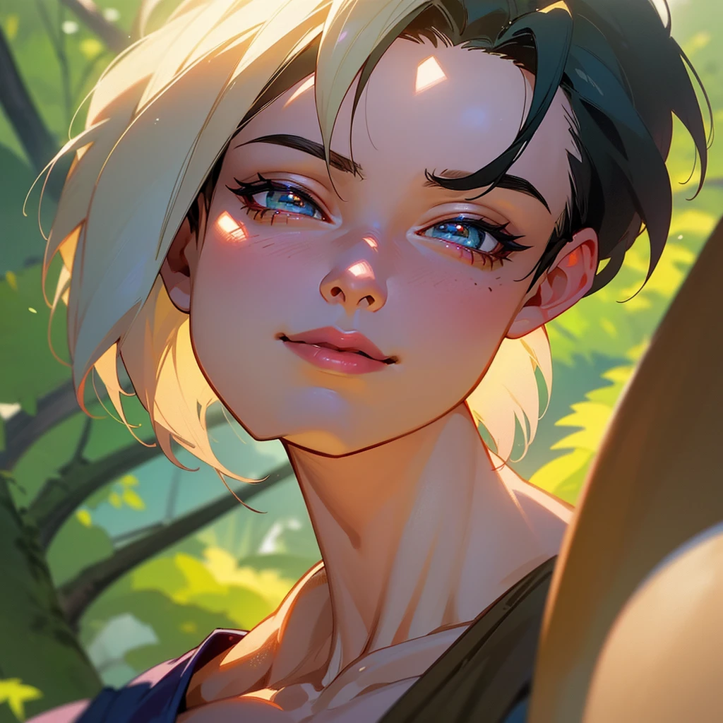 a smiling Son Gohan from Dragon Ball Z Android Saga, beautiful detailed eyes, beautiful detailed lips, extremely detailed eyes and face, longeyelashes, realistic, photorealistic, photo-realistic:1.37, 8k, masterpiece:1.2, ultra-detailed, vivid colors, warm lighting, dynamic pose, outdoor forest background