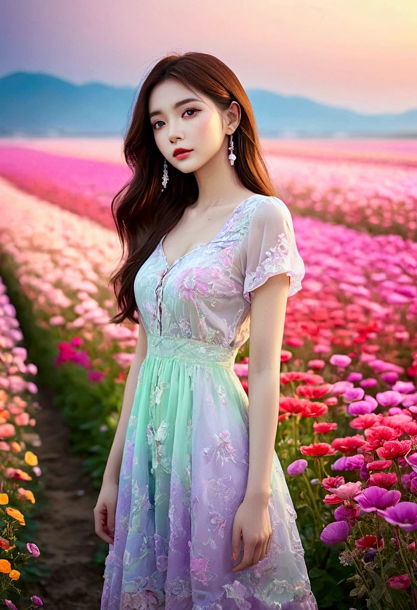 Beautiful woman standing in a flower field wearing a short dress with short sleeves_Fine details of delicate features, Colorful and rich fantasy clothing, bright and soft colors, chassis, Colorful pastels, cute colorful lovely, vivid fantasy style, soft and cute colors, Bright pastel colors, Zia, Bright pastel colorss, sakimichan hdri, gradient pastel green, Vibrant pastel colors, surreal clear sky, white puffy clouds,