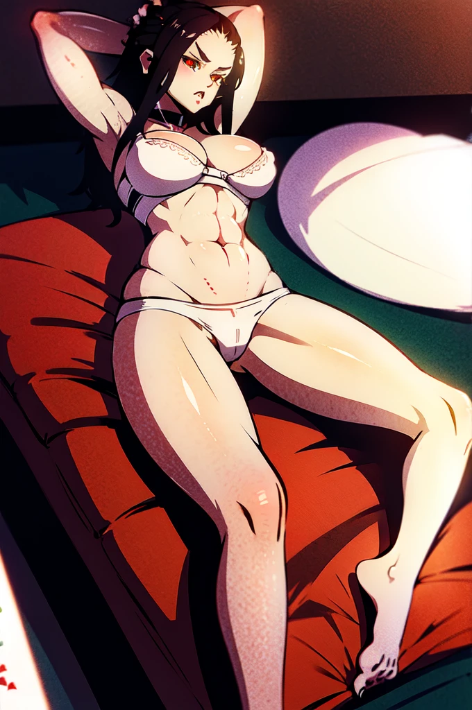 (masterpiece, 4K:1.15) BREAK ((muscler predator with white underpants and bra, breast, perfectly detailed anatomy)):1.2, solo, 1girl BREAK (((detailed red eyes))), (((correct position))), (((lying down))) bed, (((dating))), (((loving eyes))), (((full of love))), (((seductive))), (((seduction))), (((lover))), (((dominant))), (((sexy))), (((open legs))), (((full body commission))), (((feet legs))), BREAK white panties, white bra, white bra straps,
BREAK arms behind head, looking at viewer, white backgrounds