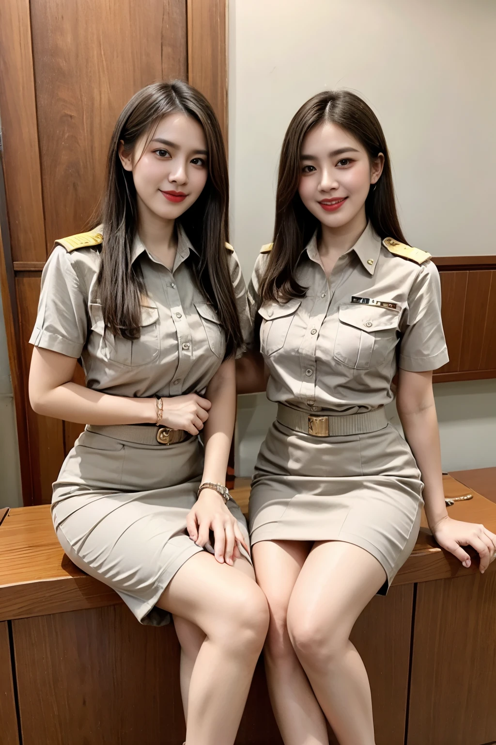 throw: ((((2 girls, 2 girls side by side, Press your chest together., massive, emphasizing the importance of being huge, gigantic , Revealing a deep rift)))) Thai Teacher, beautiful girl, Khaki suit, khaki civil servant, ชุดThai Teacher:1.3, beautiful girlผมlongเป็นพิเศษ, ผมlongสองเมตร, long hair that catches the eye, ผมlongสีดำ, ผมของเธอlongมาก., long, shiny hair, soft hair, ผมlongเป็นพิเศษ, Dynamic posts, like full body, Short sleeve shirtสีกากี, Short pencil skirtสีกากี, side cut, Decorated with military insignia.., black high heels, The sexiest, small waist, hips raised, small thighs, long legs, big breasts, big breasts:1.5, big breast, Very big breasts, eye-catching breasts, A gigantic rift, Not all coverage, big breast, big breast, 400 CC, สาวผมlongสองเมตร, Beautiful face, proportional body, Fascinating figure, red lips, Very shiny, แต่งBeautiful face, military rank insignia, Short pencil skirt, tight, Short sleeve shirt, in the background, Beautiful blur, ultra short skirt, Beautiful like an angel