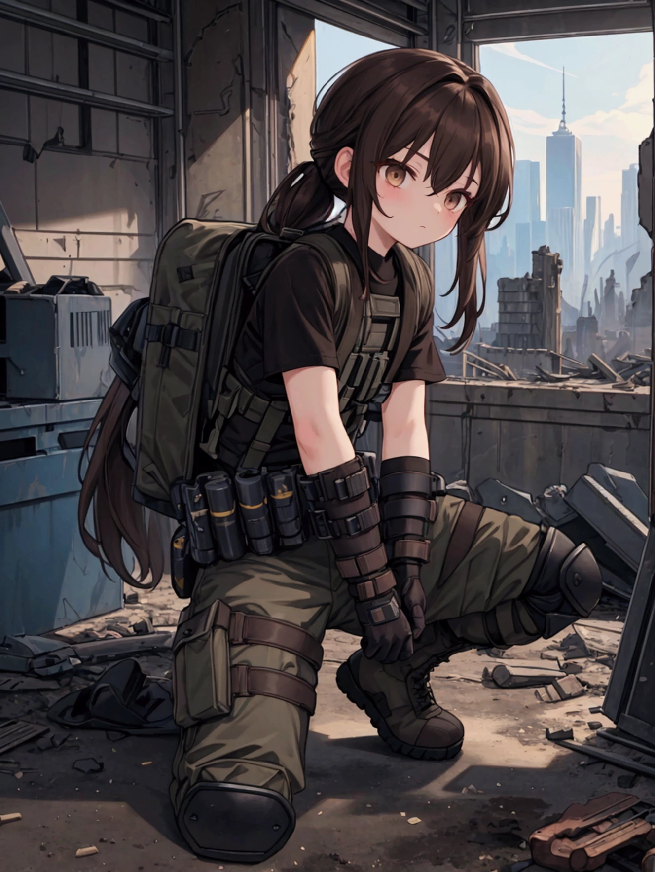 a rebel girl standing in a fighting pose covered in dirt with a runny nose and fists up determined look