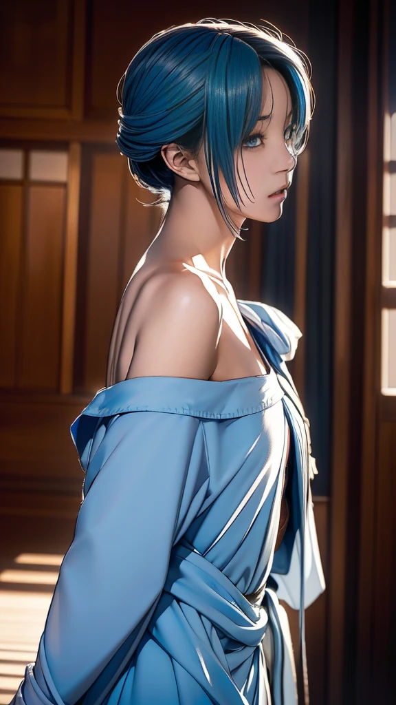Masterpiece, best quality. (hyper-realistic:1.4) , (cowboy shot:1.5),
Rem from rezero, (remrin), cute, lustrous skin, enchanting gaze, blue hair, short hair, (hair over one eye:1.3), blue eyes, NSFW, (NAKED BREASTS:1.5), roswaal mansion maid uniform, black skirt, garter belt, intricate lace, apron, white thighhighs, looking at viewer, strongly ashamed, embarrased, blushing, epic, cinematic, dramatic, reflective, shining, purple glow, big breasts, cleavage, sexy, modeling pose, turned, (LIFTING_HER_SKIRT:1.5), (rear view, from behind, spread ????)
smooth perfect skin, smooth_skin
Beautiful、big breasts,
FULL BODY SHOT, ultra wide angle, textured skin, face detail, clean skin, perfect hands, perfect anatomy, anatomically correct,
(Realistic bedroom background:1.2)
