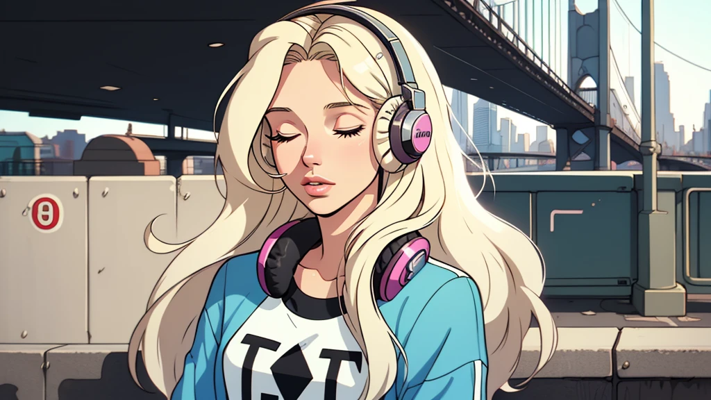 Street fashion girl, headphones, LOFI Retro, stylish, 1980s, bridge, usa, morning, beautiful blonde long hair woman in her 20s, close your eyes, white skin, upper body,