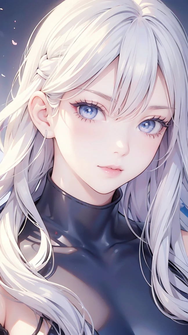 1 girl, white hair, long hair, wavy hair, pink lipstick, white skin, blue eyes, dooppy eyes